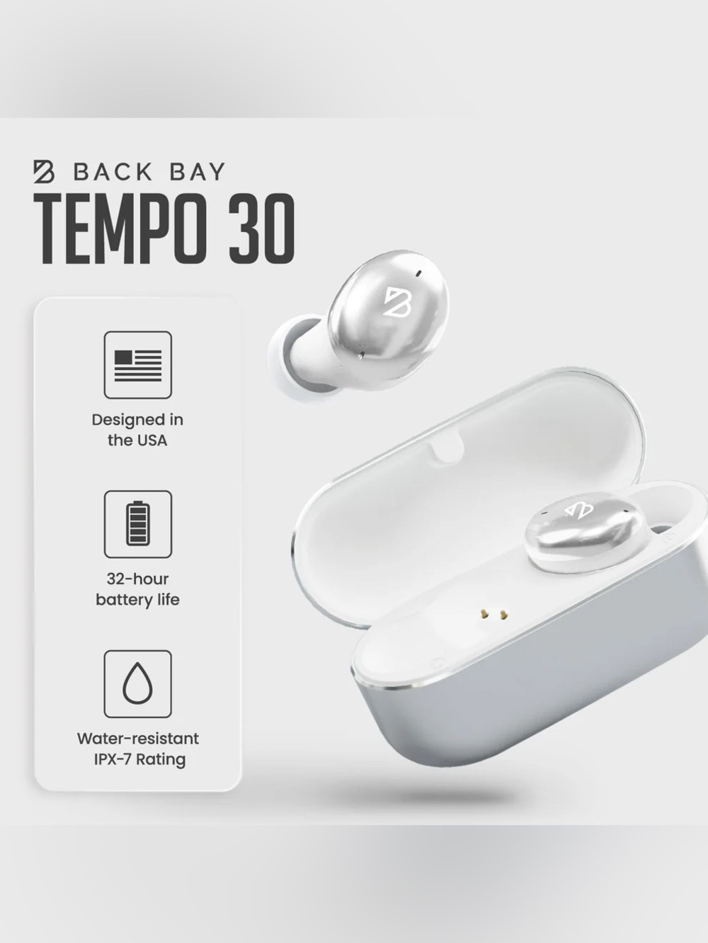 Black Bay Tempo 30 True Wireless Earbuds - Silver/White